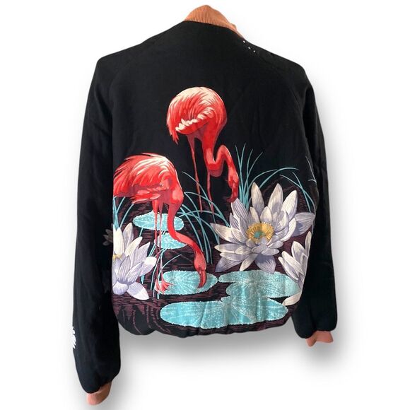 Vtg Black bomber jacket buttons flamingos lily pad flowers printed Size Medium M - Picture 15 of 16